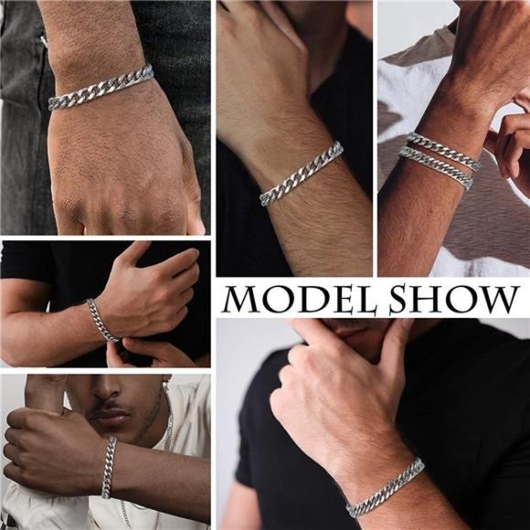 2Pcs Cuban Link Chain Bracelet Set Sturdy Stainless Steel Curb Width Cuban Link - Picture 5 of 6